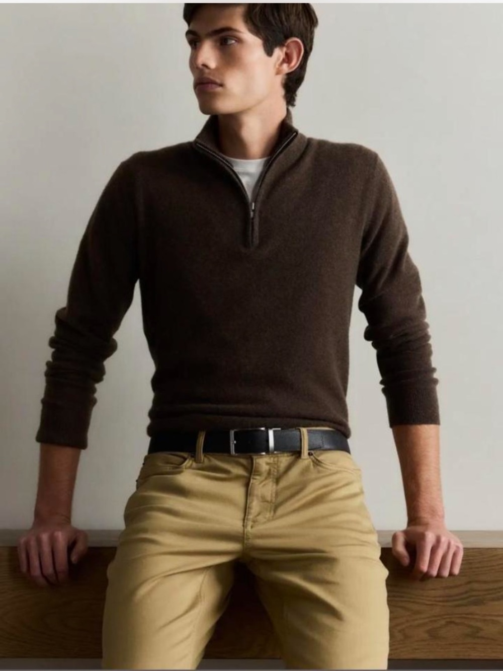 Quince Men's 100% Mongolian Cashmere Quarter-Zip Sweater in Truffle Brown Size L
